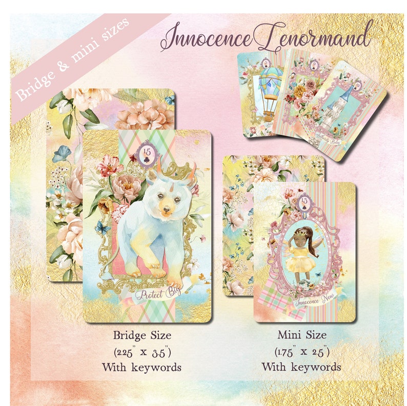 May include: Two Lenormand tarot cards with a pastel pink, yellow, and blue color scheme. The card on the left features a white bear cub with a gold crown and the text "Protect Big". The card on the right features a young girl with a crown and the text "Innocence Now".