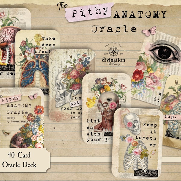 Le jeu d’oracles d’anatomie lapidaire, de belles cartes d’oracles pour la divination, des fleurs vintage, des illustrations anatomiques et des messages clairs
