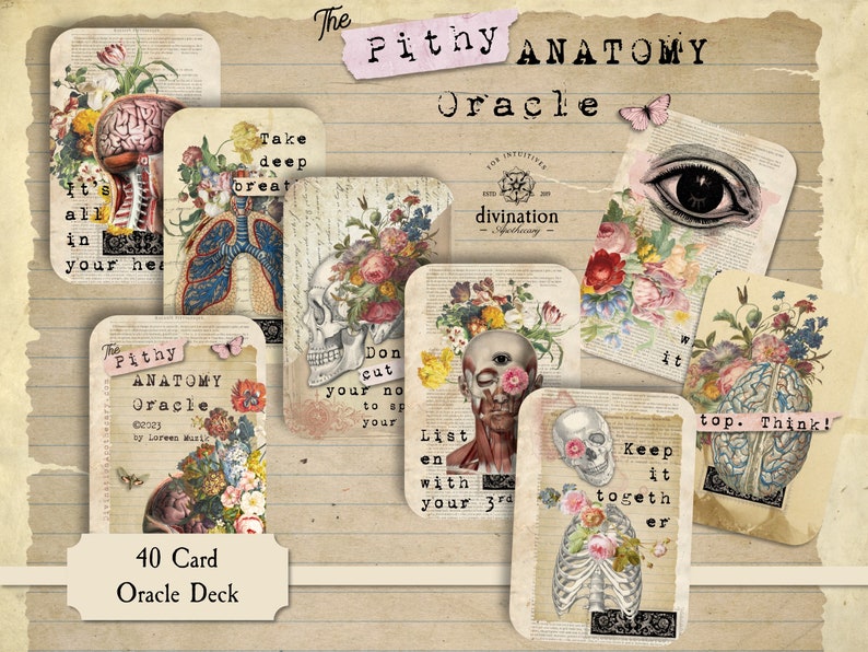 K&ouml;nnte beinhalten: Ein Set mit 40 Orakelkarten mit anatomischen Illustrationen und floralen Designs. Die Karten zeigen Texte wie "Atme tief durch", "Schneide dir nicht die Nase, um deinem Gesicht zu schaden", "H&ouml;re mit deinem dritten Auge", "Halte zusammen", und "Oben. Denk!" Die Karten sind Teil eines Divinationsdecks namens "The Pithy Anatomy Oracle".