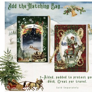 May include: Two Christmas-themed zippered pouches with a gold chain. The green pouch features a winter scene with a house and the text "Vintage Yuletide". The red pouch features Santa Claus riding a donkey with a Christmas tree. The text "2-Sided, padded to protect your deck. Great for travel. Sold Separately" is below the pouches.