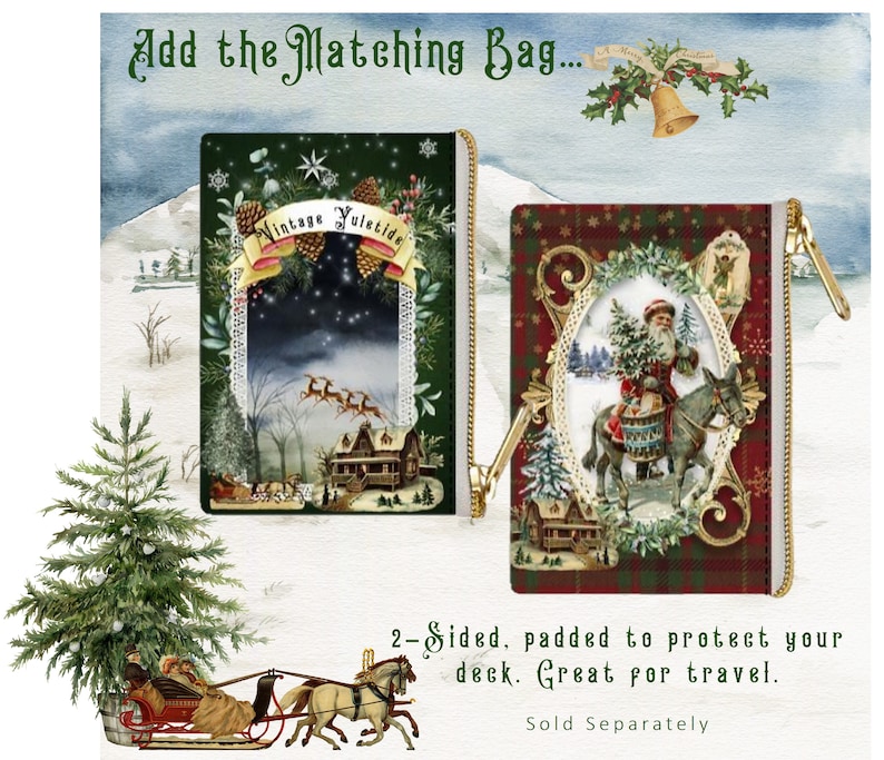 May include: Two Christmas-themed zippered pouches with a gold chain. The green pouch features a winter scene with a house and the text "Vintage Yuletide". The red pouch features Santa Claus riding a donkey with a Christmas tree. The text "2-Sided, padded to protect your deck. Great for travel. Sold Separately" is below the pouches.