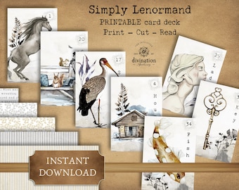 Può includere: Mazzo di carte Lenormand stampabile con illustrazioni ad acquerello. Le carte presentano immagini di un cavallo, uno scoiattolo, una cicogna, una casa, una donna, una chiave e un pesce. Le carte sono numerate da 1 a 34. Il testo "Simply Lenormand" e "Stampa - Ritaglia - Leggi" è in alto nell'immagine. Il testo "DOWNLOAD IMMEDIATO" è in basso nell'immagine.