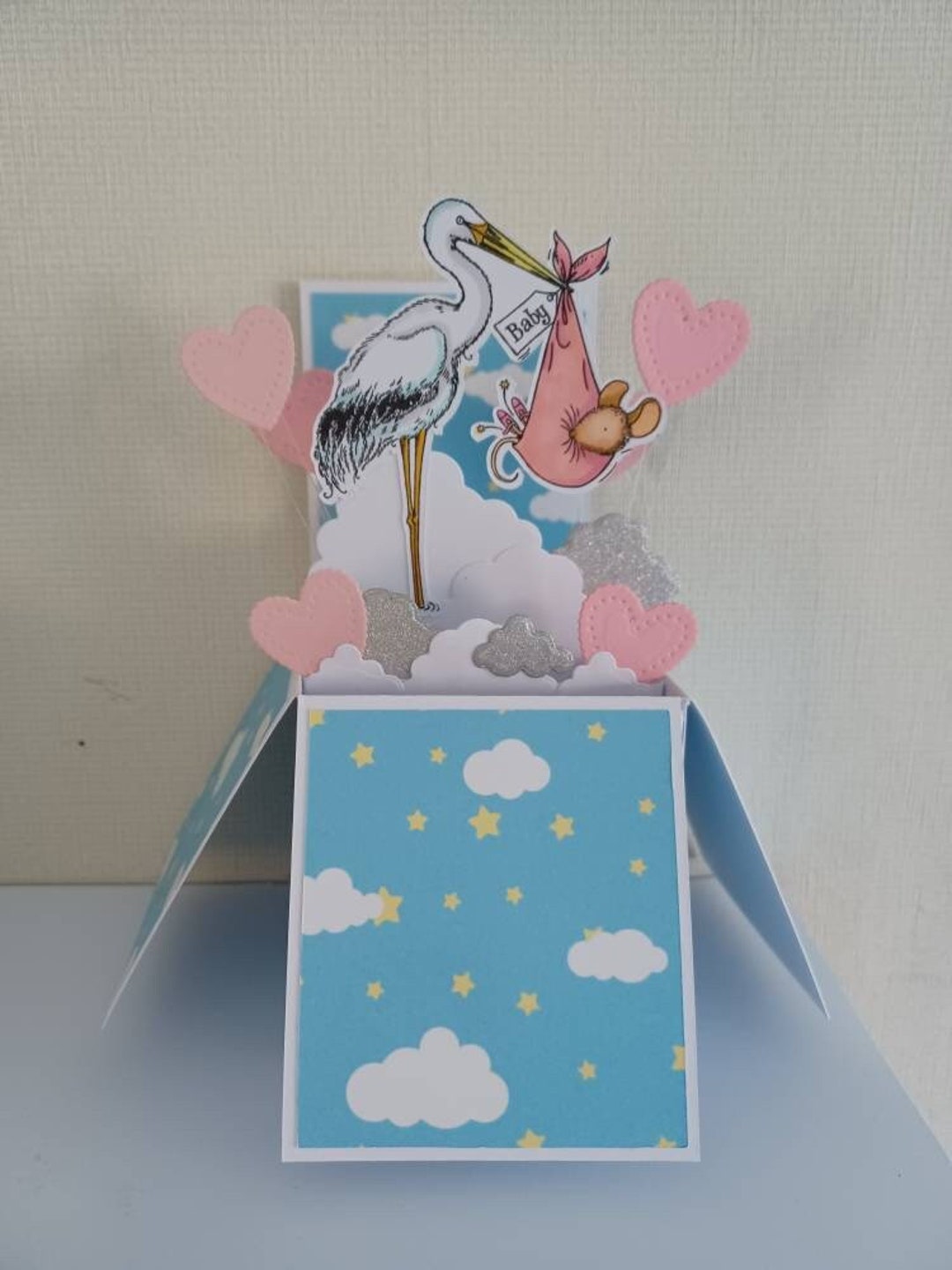 New Baby Pop up Box Card, Stork, Baby Delivery, Baby Boy, Baby Girl New