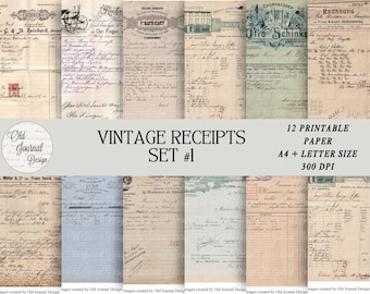 12 pg Vintage French Old Receipts Printable Junk Journal Pages Scrapbooking Crafting Ephemera Digital Download Collage Sheets