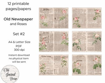 12 pg Vintage Newspaper Roses French Paper Junk Journal Pages Scrapbooking Crafting Ephemera Digital Download Collage Sheets