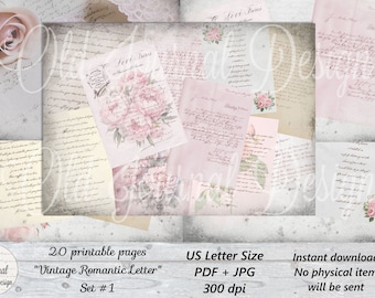 20 pg Vintage Handwritten "Romantic Letters" Set #1 (US Letter Size) Printable Junk Journal Pages Digital Download Sheets Ephemera
