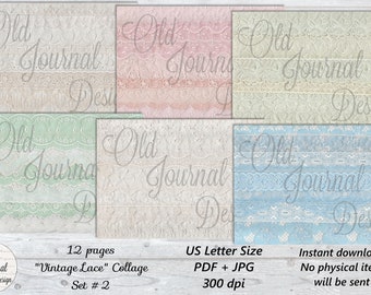 12 pg VINTAGE LACE Collage Set #2 (US Letter Size)  Vintage Printable Junk Journal Pages Digital Download Sheets Ephemera