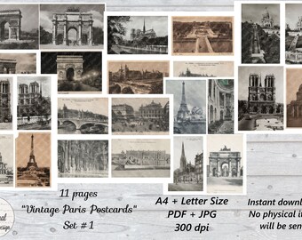 11 pg Vintage PARIS Postcards Set #1"  A4 + Letter Size - Printable Junk Journal Ephemera Pages Digital Download Sheets