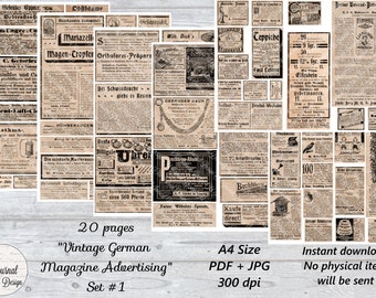 20 pg Vintage "Magazine Advertising" Set #1" (A4) Printable Junk Journal Pages Digital Download Sheets Ephemera