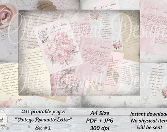 20 pg Vintage Handwritten "Romantic Letters" Set #1 (A4) Printable Junk Journal Pages Digital Download Sheets Ephemera