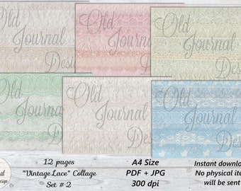 12 pg VINTAGE LACE Collage Set #2 (A4) Vintage Printable Junk Journal Pages Digital Download Sheets Ephemera