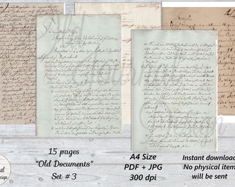 15 pg Vintage "Old Documents Set #3" Printable Junk Journal Pages Digital Download Sheets Ephemera