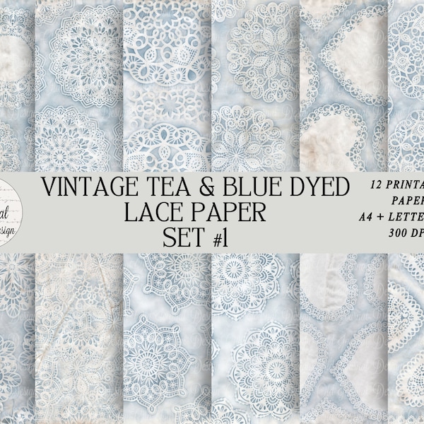 12 pg Vintage French Blue and Tea Dyed Lace Paper Printable Junk Journal Pages Scrapbooking Crafting Ephemera Digital Download Collage Sheet