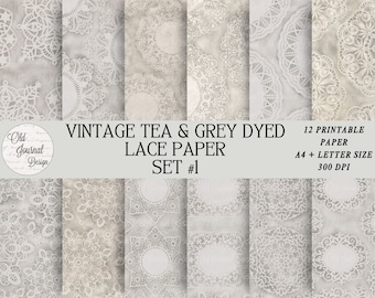 12 Vintage French Tea Grey Dyed Lace Paper Printable Junk Journal Pages Scrapbooking Crafting Ephemera Digital Download Collage Sheets