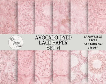 15 pg Vintage French Avocado Dyed Lace Paper Printable Junk Journal Pages Scrapbooking Crafting Ephemera Digital Download Collage Sheets