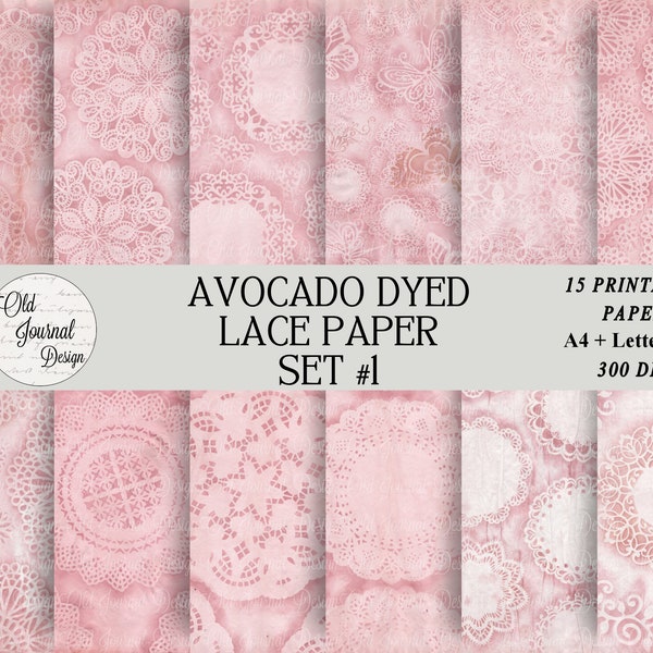 15 pg Vintage French Avocado Dyed Lace Paper Printable Junk Journal Pages Scrapbooking Crafting Ephemera Digital Download Collage Sheets