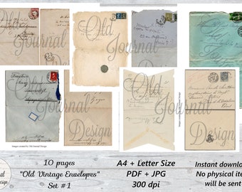 10 pg OLD Vintage ENVELOPES Set #1 - (A4+Letter Size) Printable Junk Journal Pages Digital Download Sheets Ephemera