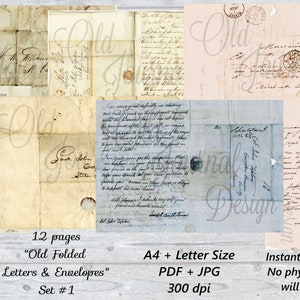 12 pg OLD Vintage Letters & ENVELOPES Set #1 - (A4+Letter Size) Printable Junk Journal Pages Digital Download Sheets Ephemera