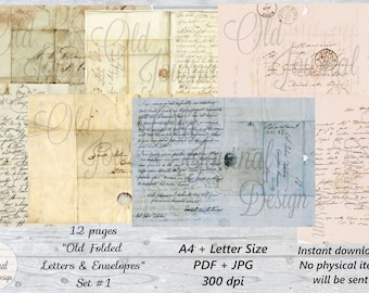 12 pg OLD Vintage Letters & ENVELOPES Set #1 - (A4+Letter Size) Printable Junk Journal Pages Digital Download Sheets Ephemera