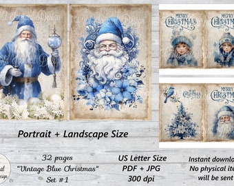 32 pg BLUE CHRISTMAS Set #1 (US Letter Size)  Vintage Printable Junk Journal Pages Digital Download Sheets Ephemera