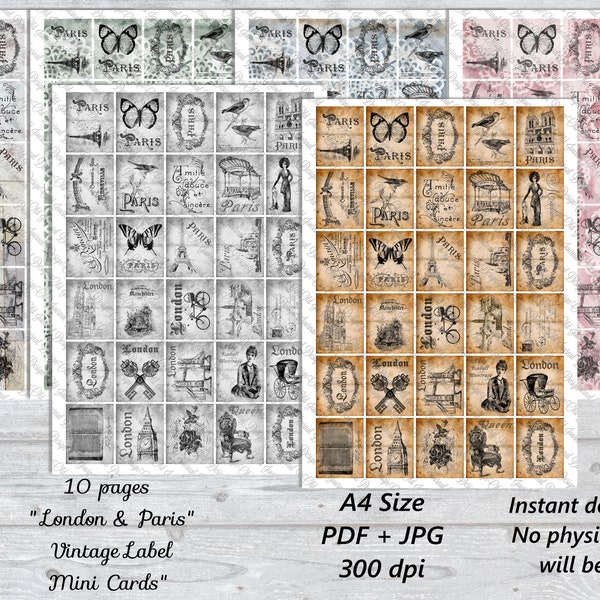 10 pg LONDON & PARIS Label Mini Cards Printable Junk Journal Scrapbooking Ephemera Digital Download Collage Sheets