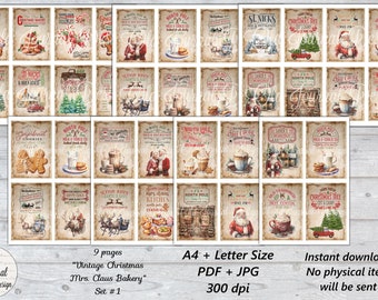 9 pg * Cartes de Noël Mme Claus* Set #1 (A4 + US Letter Size) vintage Shabby Chic Printable Junk Journal Pages Feuilles de téléchargement numérique