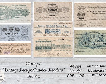 11 pg Vintage RECEIPT INVOICE HEADER Paper Printable Junk Journal Pages Crafting Ephemera Digital Download Collage Sheets