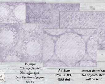 15 pg Vintage French Tea Coffee and Light Purple Dyed Lace Paper Printable Junk Journal Pages Digital Download Sheets