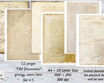 12 pg Vintage "Old Documents Set #5"  A4 + Letter Size - Printable Junk Journal Pages Digital Download Sheets