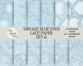 12 pg Vintage French Blue Dyed Lace Paper Printable Junk Journal Pages Scrapbooking Crafting Ephemera Digital Download Collage Sheets