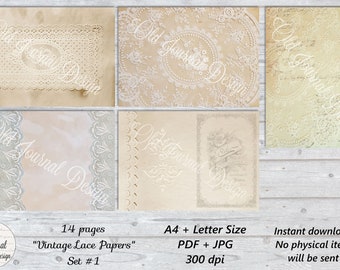 14 pg  " Vintage Lace Paper "  A4+US Letter Doily Printable Junk Journal Pages Scrapbooking Crafting Ephemera Digital Download Collage Sheet