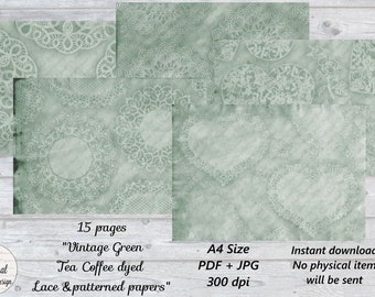 15 pg Vintage French Tea Coffee and Green Dyed Lace Paper Printable Junk Journal Pages Digital Download Sheets