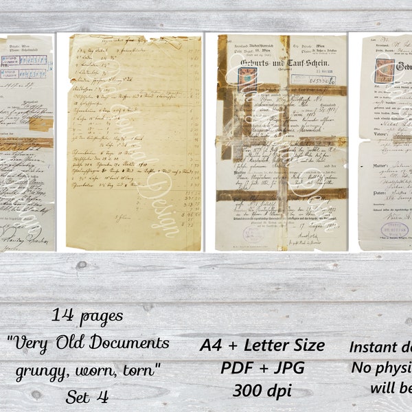 14 pg Vintage "Old Documents grungy torn worn Set #4" Printable Junk Journal Pages Digital Download Sheets