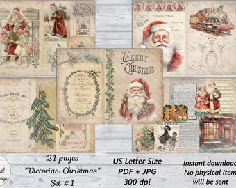 21 pg VICTORIAN CHRISTMAS Set #1 (US Letter Size) vintage Printable Junk Journal Pages Feuilles de téléchargement numérique Éphémères