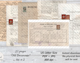 21 pg Vintage "Old Documents Set #2" Printable Junk Journal Pages Digital Download Sheets