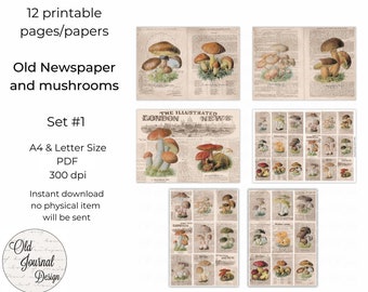 12 Vintage Newspaper Mushrooms French Paper Junk Journal Pages Scrapbooking Crafting Ephemera Digital Download Collage Sheets