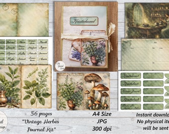 56 pg KRÄUTER HEXE Herbes Journal Green Witch - Journal Kit - Vintage Printable Junk Journal Pages Digital Download Sheets Ephemera