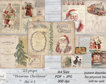 21 pg VICTORIAN CHRISTMAS Set #1 (A4) Vintage Printable Junk Journal Pages Digital Download Sheets Ephemera