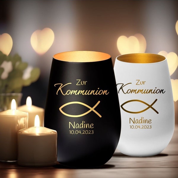 Windlicht Kommunion Motiv Fisch personalisiert mit Name und Datum | Geschenkidee zur Kommunion | christliche Geschenkideen | Kerze Gravur