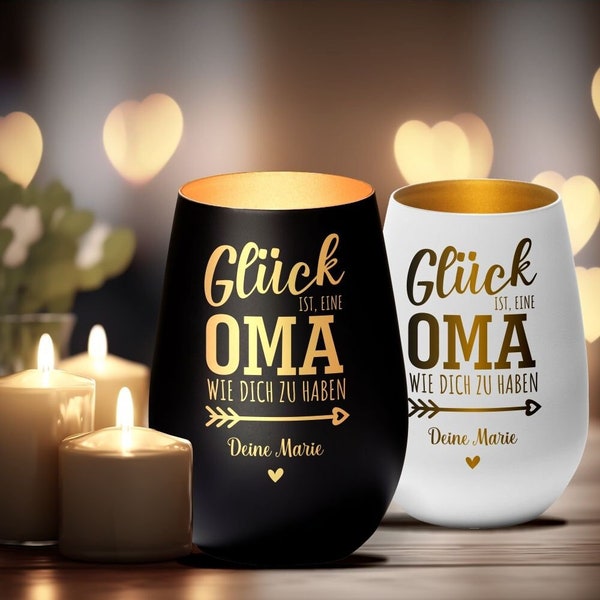 Windlicht "Glück ist, eine Oma wie dich zu haben" personalisiert mit Namen | Geschenkidee für Oma Weihnachten Geburtstag Danke Kerze Gravur