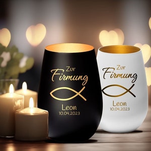 Windlicht Firmung Motiv Fisch personalisiert mit Name und Datum Geschenkidee zur Firmung christliche Geschenkideen Kerze Gravur zdjęcie 1