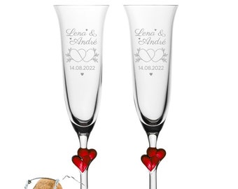 Set van 2 gepersonaliseerde champagneglazen met rode hartjes in de steel "Entwined Hearts" | Champagneglas met naam & datum als cadeau voor de bruiloft