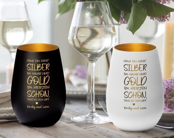 Windlicht "Oma du hast Silber im Haar und Gold im Herzen" personalisiert mit Namen | Geschenk Oma Weihnachten Geburtstag Danke Kerze Gravur