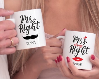 Tassen Set Mr. Right & Mrs. always Right - personalisiert | Kaffeetasse individuell bedruckt | Becher mit lustigem Spruch | Geschenk | Paare