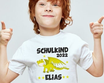 Kinder T-Shirt "Schulkind" mit Drachen-Motiv I personalisiert mit Namen - Geschenk zur Einschulung für Jungen & Mädchen