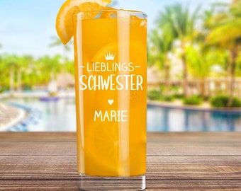 Personalisiertes Longdrink-Glas "Lieblings-Schwester" mit Namen | Saftglas mit Gravur für die beste Freundin | liebe Geschenkidee für Frauen