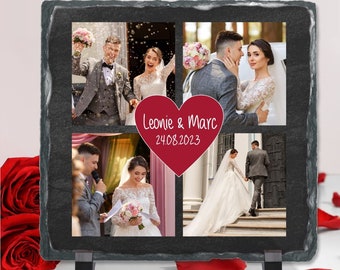 Schiefertafel mit 4 Fotos und Namen + Datum im roten Herz personalisierbar | Fotogeschenk für verliebte Paare zum Valentinstag Jahrestag