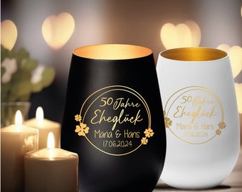 Windlicht "50 Jahre Eheglück" individuell graviert mit Namen und Datum | Geschenkidee Goldene Hochzeit Kerze Gravur Hochzeitstag graviert