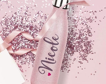 Rosa Glitzerflasche mit Herz-Motiv, personalisiert mit Namen | Auslaufsichere Thermosflasche 500ml tolle Geschenkidee für Mädchen und Frauen