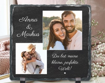 Schiefertafel mit 2 Fotos "Du bist meine kleine perfekte Welt!" - personalisierbar mit 2 Namen | Hochzeit Jahrestag Valentinstag